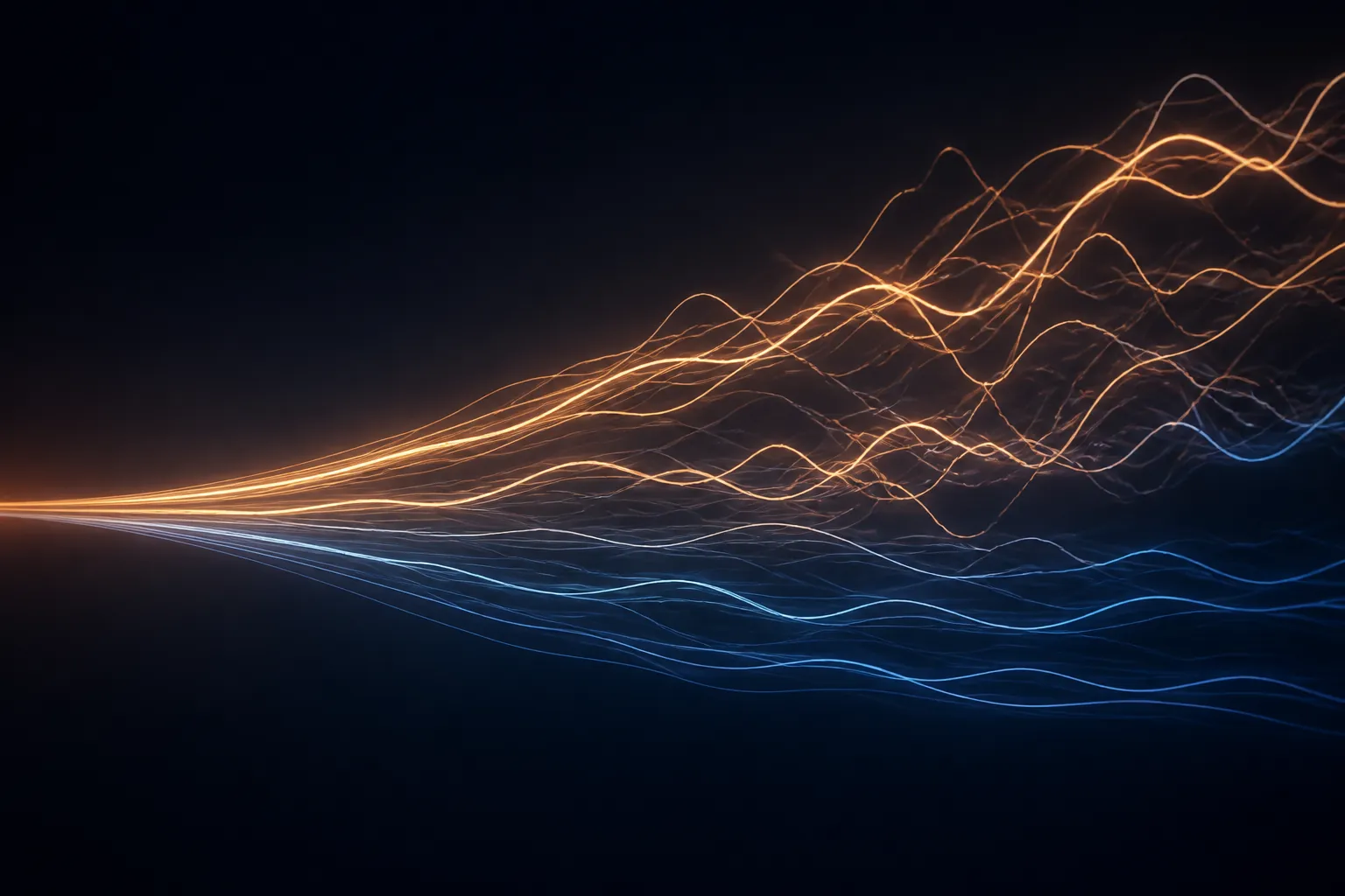 Abstract luminous strands diverging across a dark gradient to represent different sleep trajectories across midlife