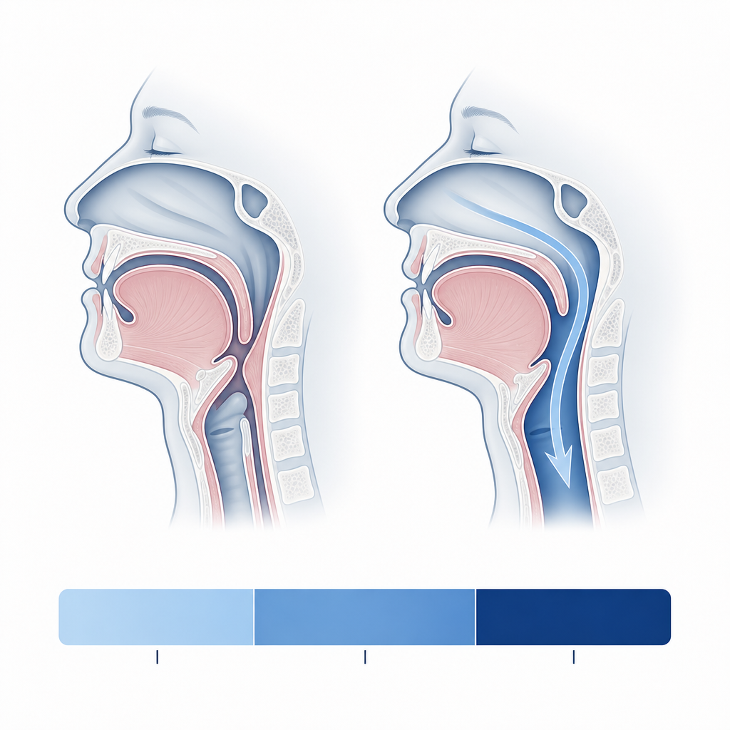 Two-panel medical illustration showing a collapsed upper airway on the left and an open airway on the right, with a three-segment severity gradient bar below.