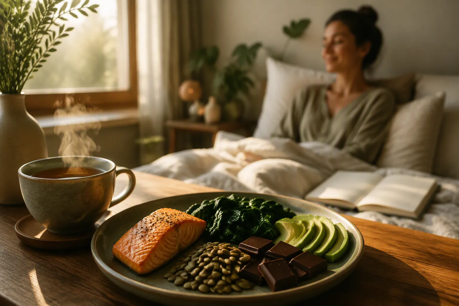 Dinner plate with salmon, spinach, pumpkin seeds, avocado, and dark chocolate beside tea, with a woman resting in bed in the background