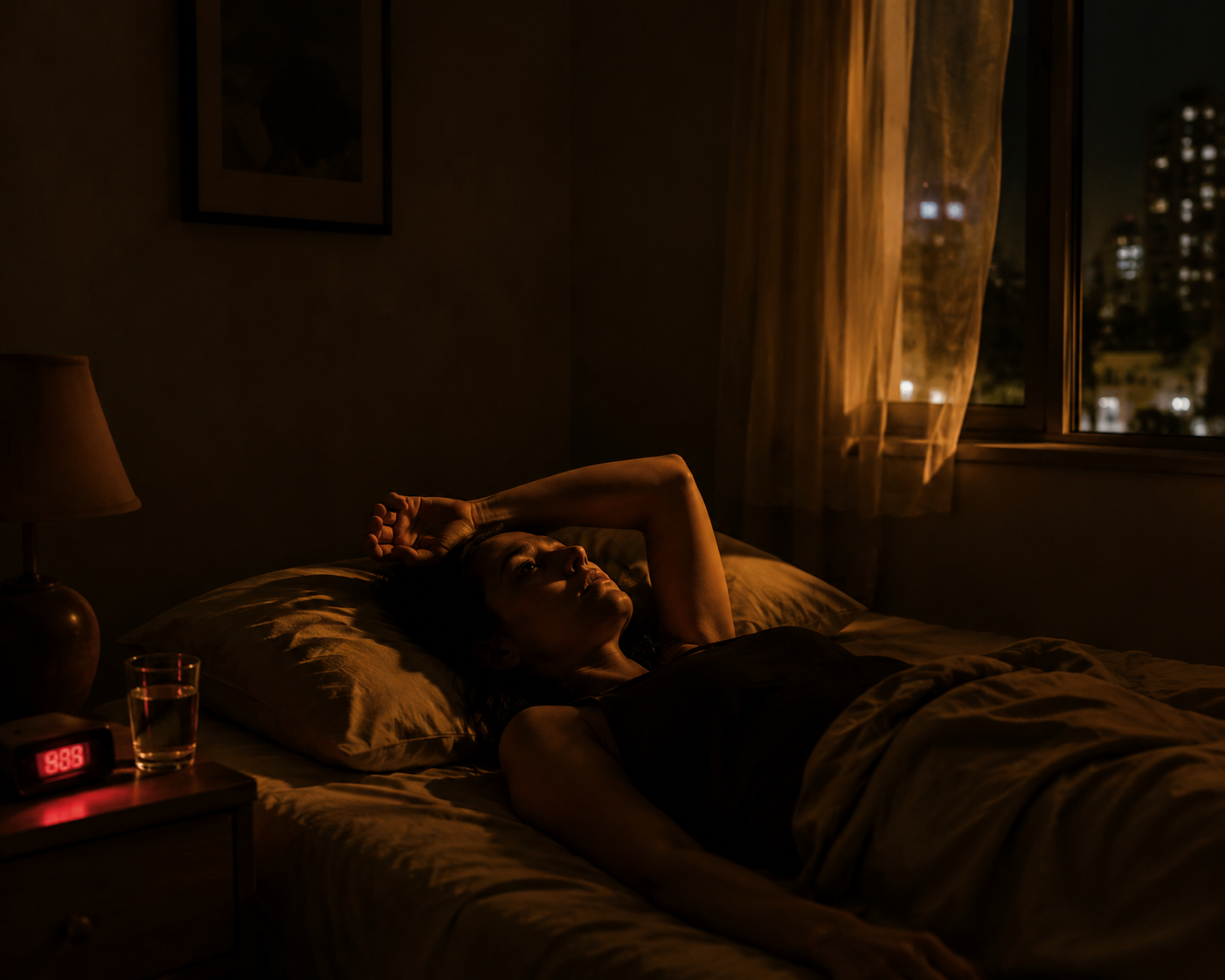 A person lying awake in a hot bedroom during a heatwave with a glowing thermometer on the nightstand