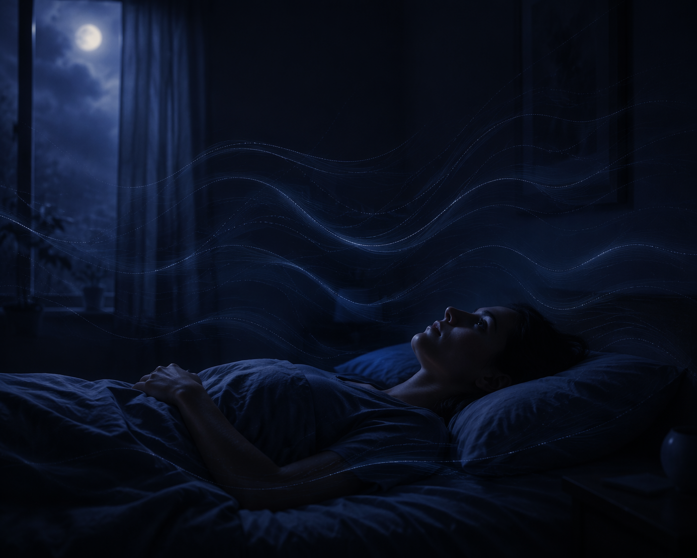 Person lying awake in a dark bedroom with abstract curved lines suggesting a phantom swaying sensation