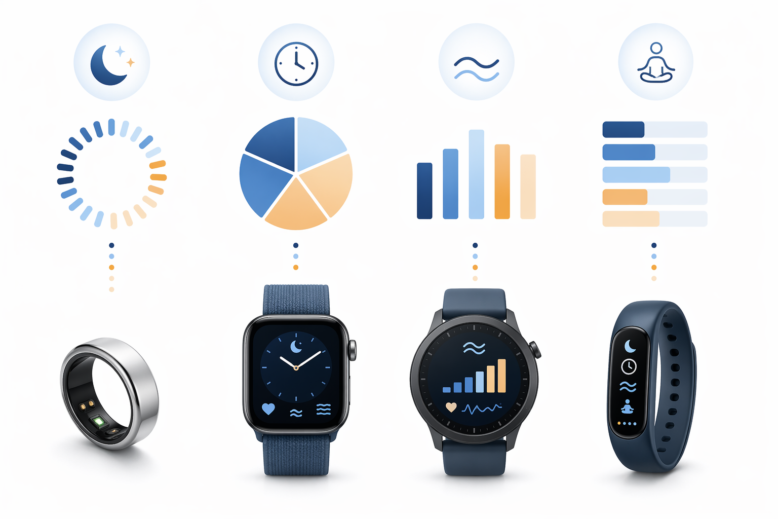 Comparison graphic showing four wearable devices with different sleep score architectures
