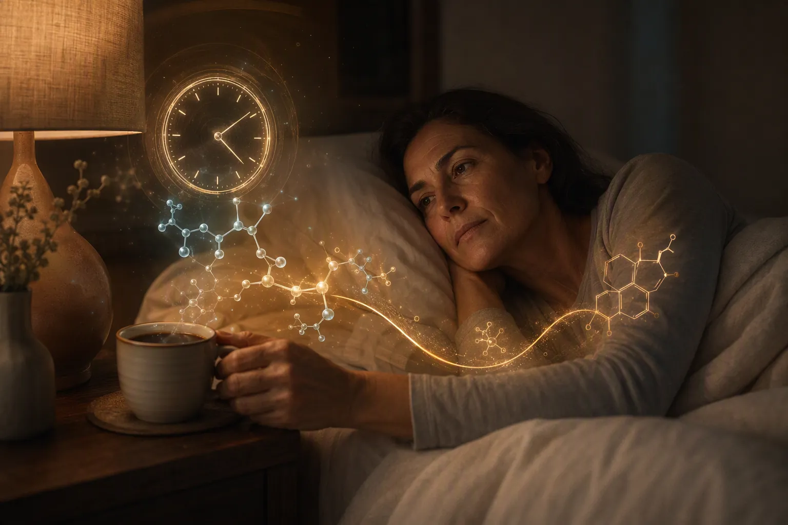 Perimenopausal woman lying awake at night beside a coffee cup, with caffeine and hormone pathway imagery