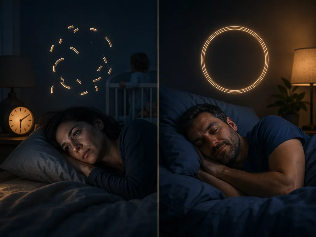 Split illustration comparing interrupted sleep for a mother with undisturbed sleep for a father