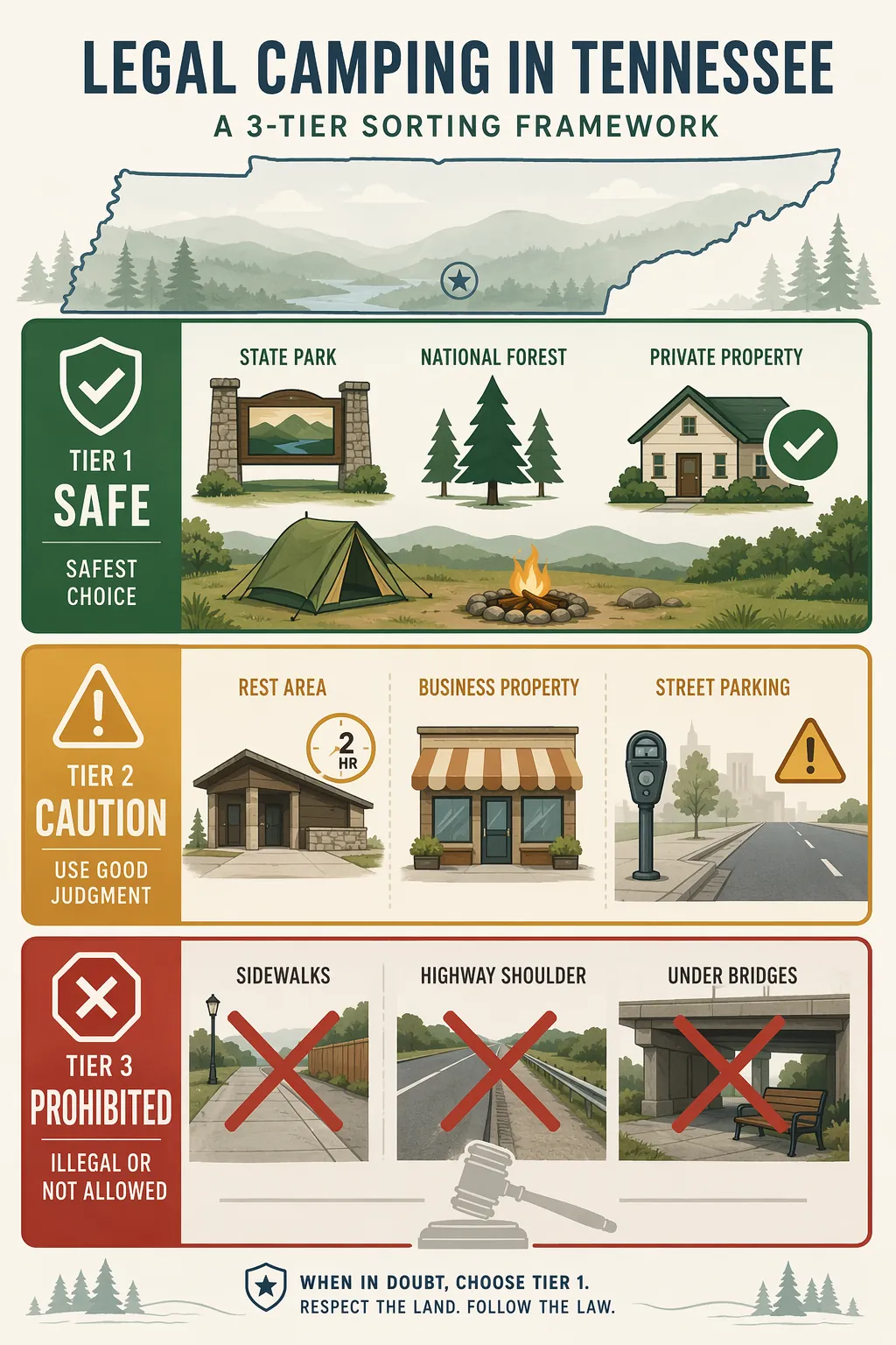 Three-tier framework sorting Tennessee camping locations into legal, limited or risky, and prohibited options