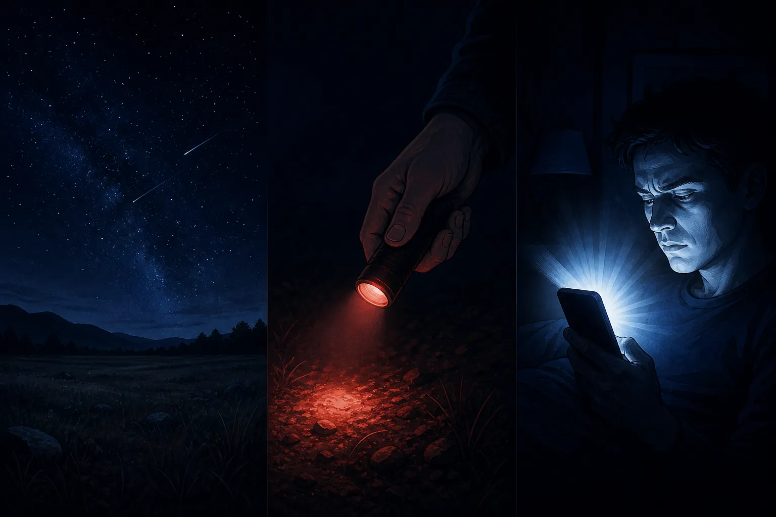 A comparison of a dark meteor-filled sky, a dim red flashlight, and a bright smartphone screen lighting a person's face