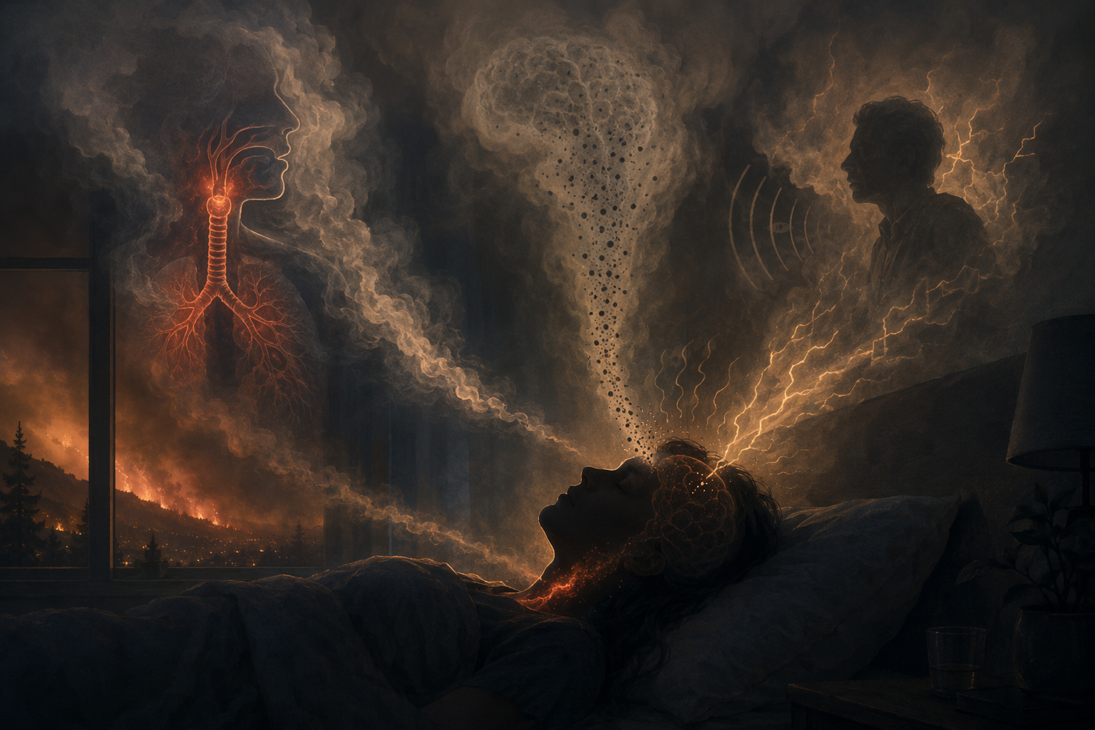 Smoky bedroom at night with airway irritation, particle exposure, and nervous system alertness converging on a sleeper
