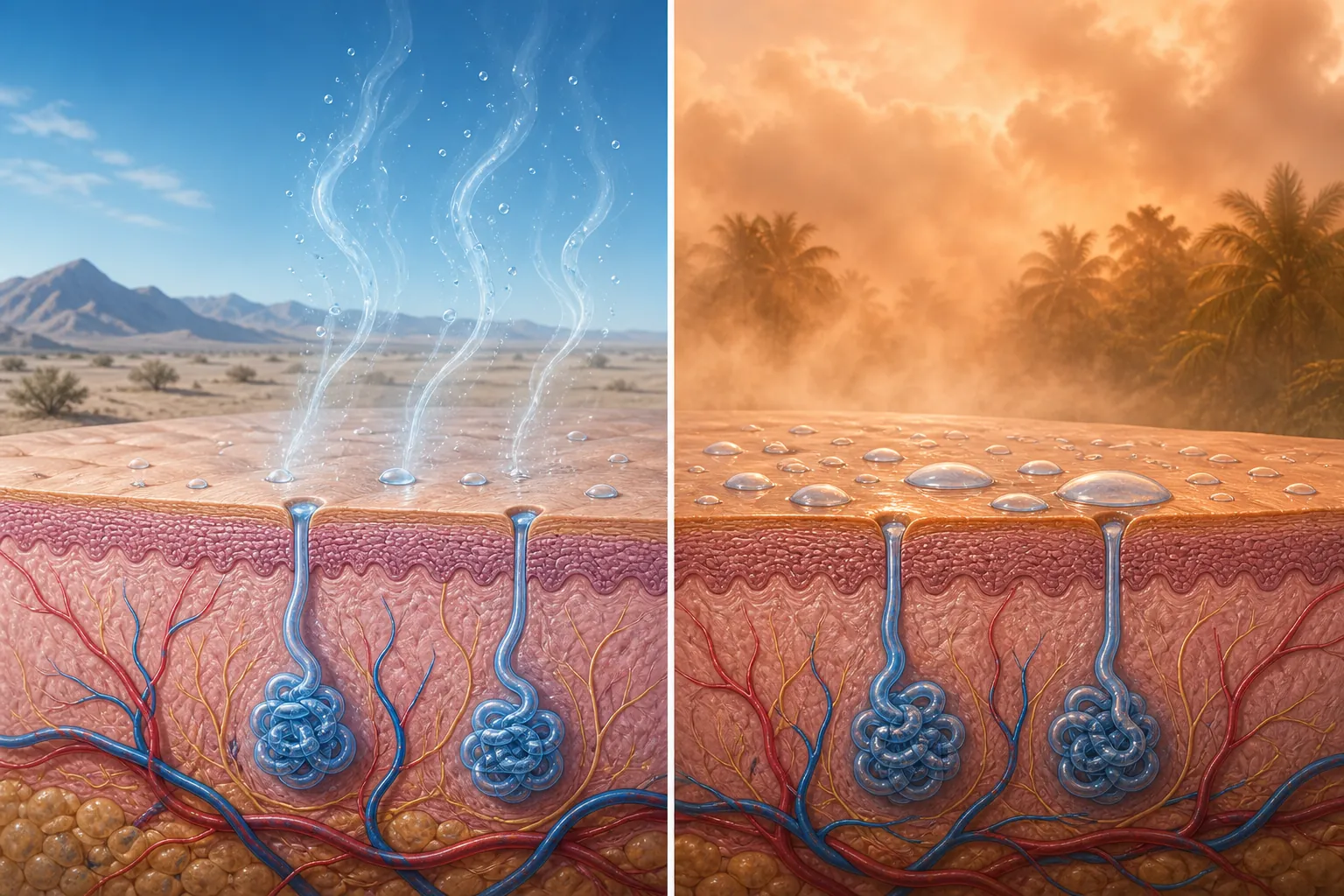 Skin illustration comparing sweat evaporation in dry air with sweat pooling in humid air