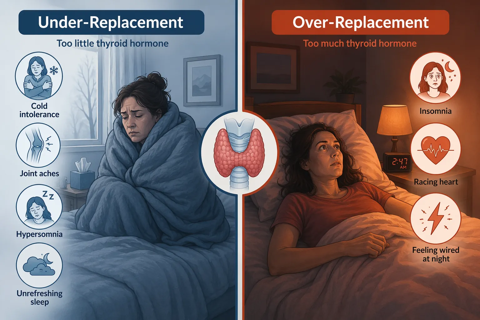 Side-by-side illustration comparing under-replacement sleep symptoms with over-replacement sleep symptoms