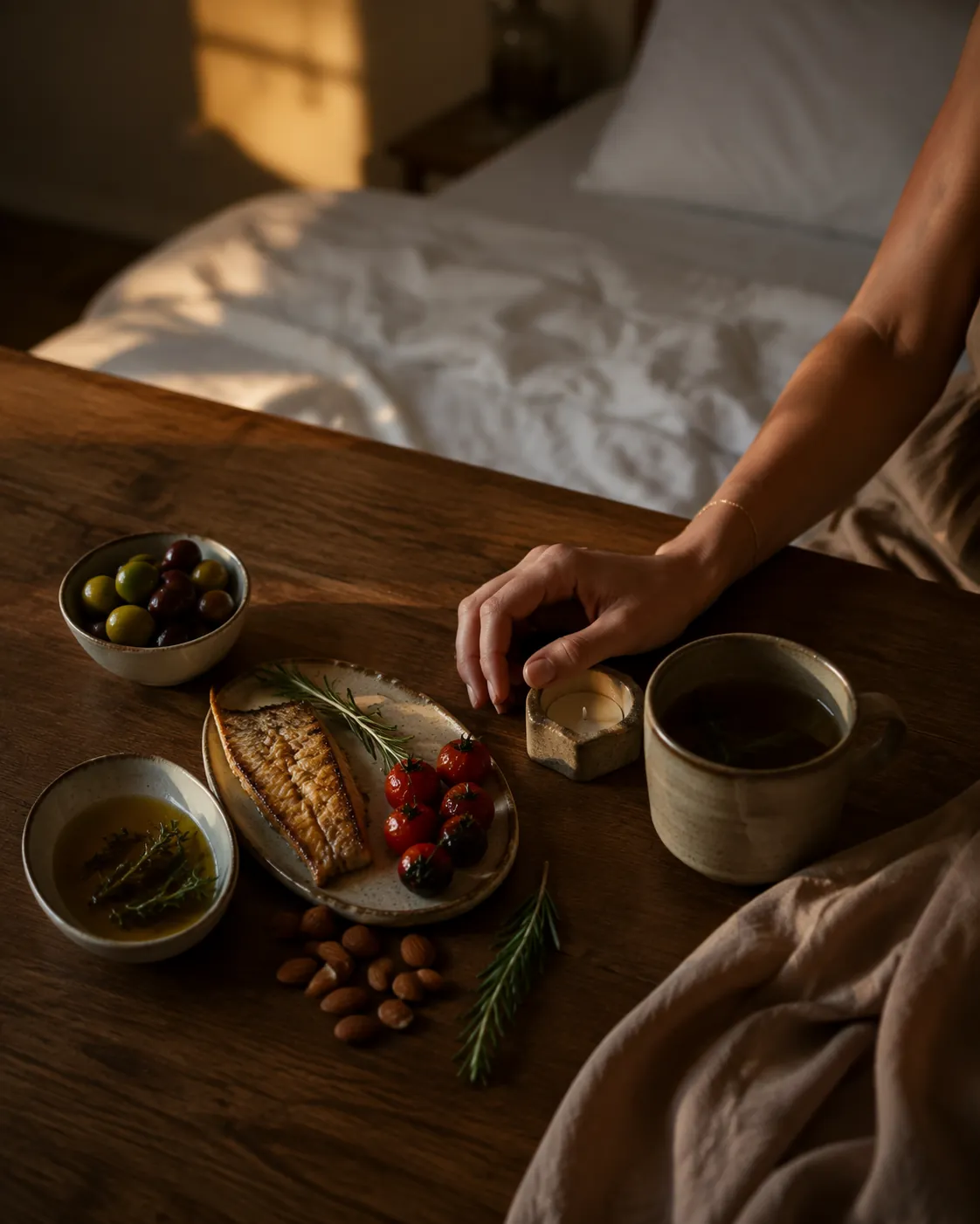 Mediterranean foods on a wooden table beside herbal tea with a softly lit bedroom in the background