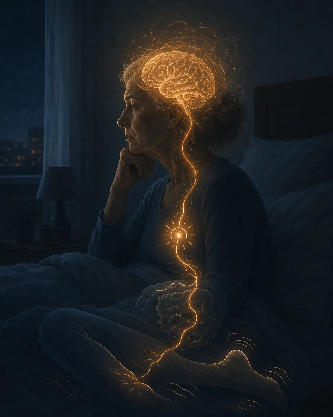 Illustration of cognitive arousal and stress pathway activation disrupting sleep in an older woman