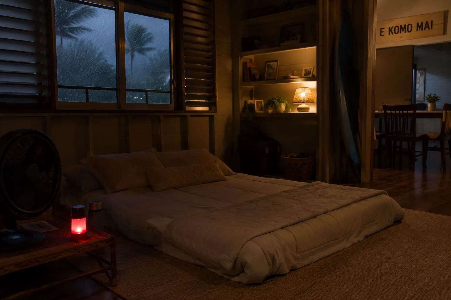 Prepared interior sleep space in a Hawaii home during a hurricane with bedding, battery fan, and red-filter flashlight