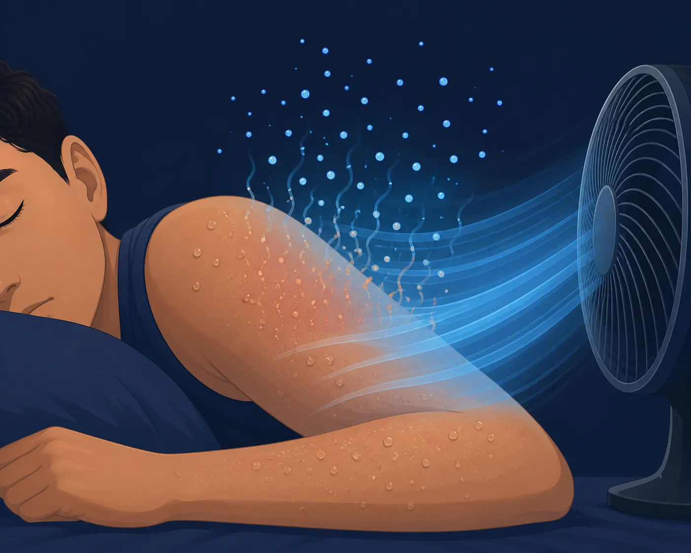 Damp skin on a sleeping person’s arm with fan airflow showing evaporative heat loss