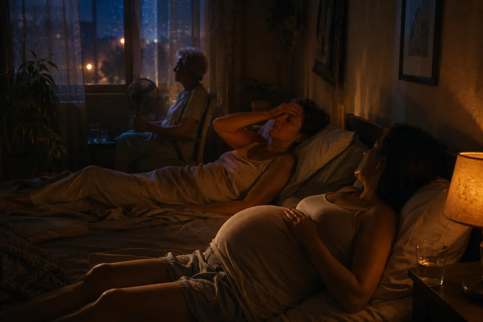 Warm bedroom at night during a heatwave with a pregnant person, a middle-aged woman awake with flushing, and an older adult near a fan and water