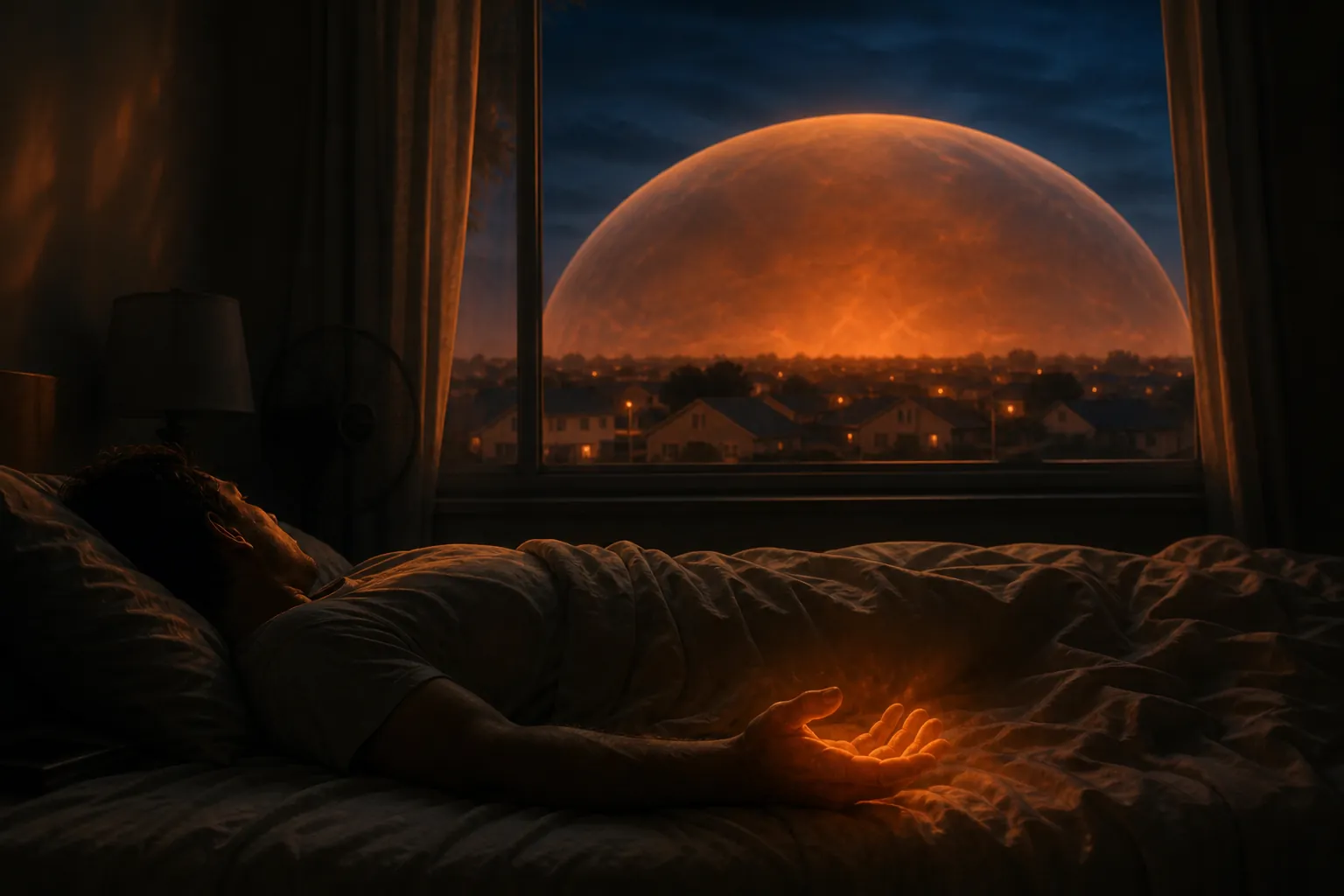 Person lying awake in bed under a heat dome while warm air remains trapped over the city