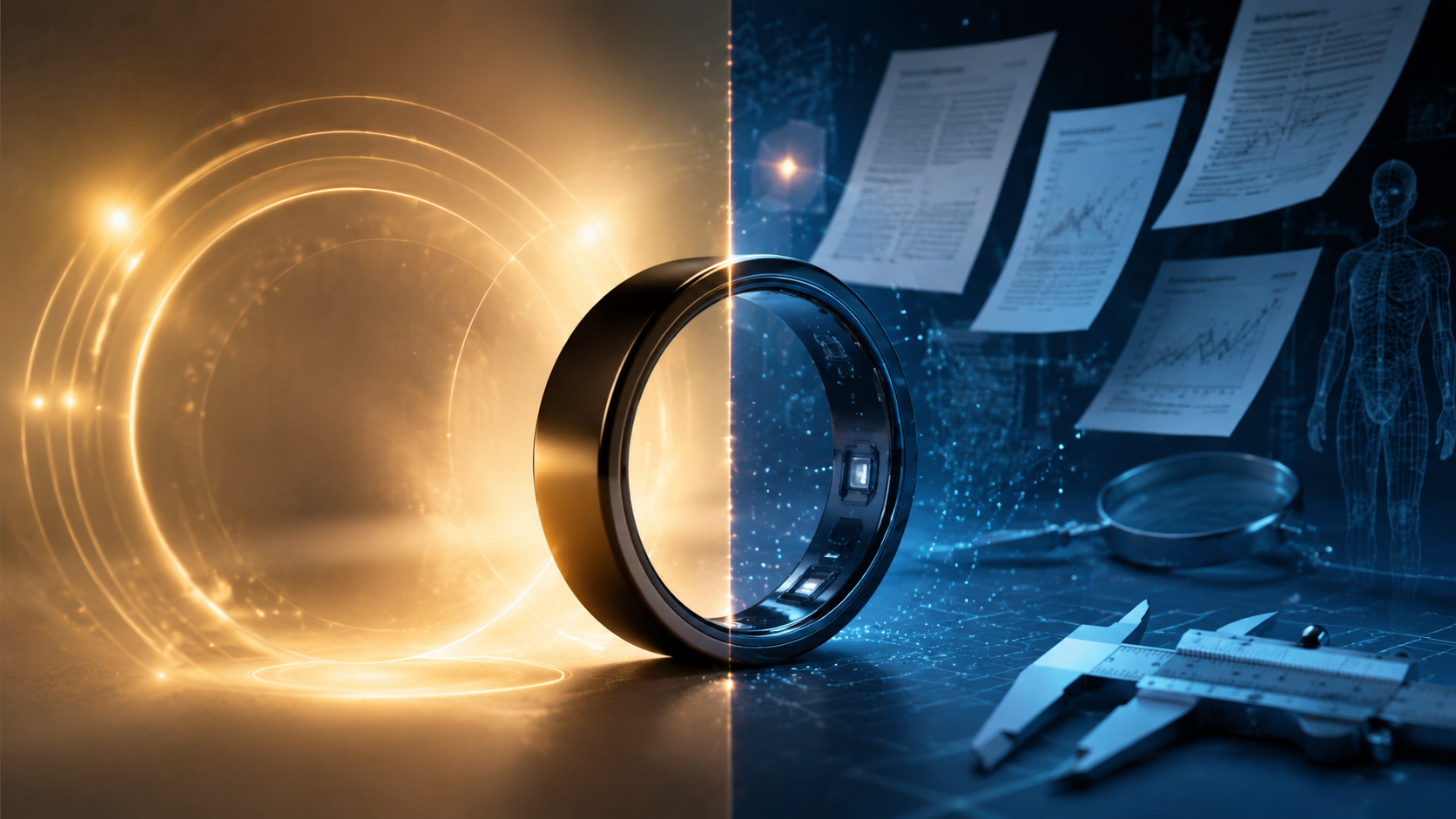 Smart ring shown between polished marketing claims and clinical evidence