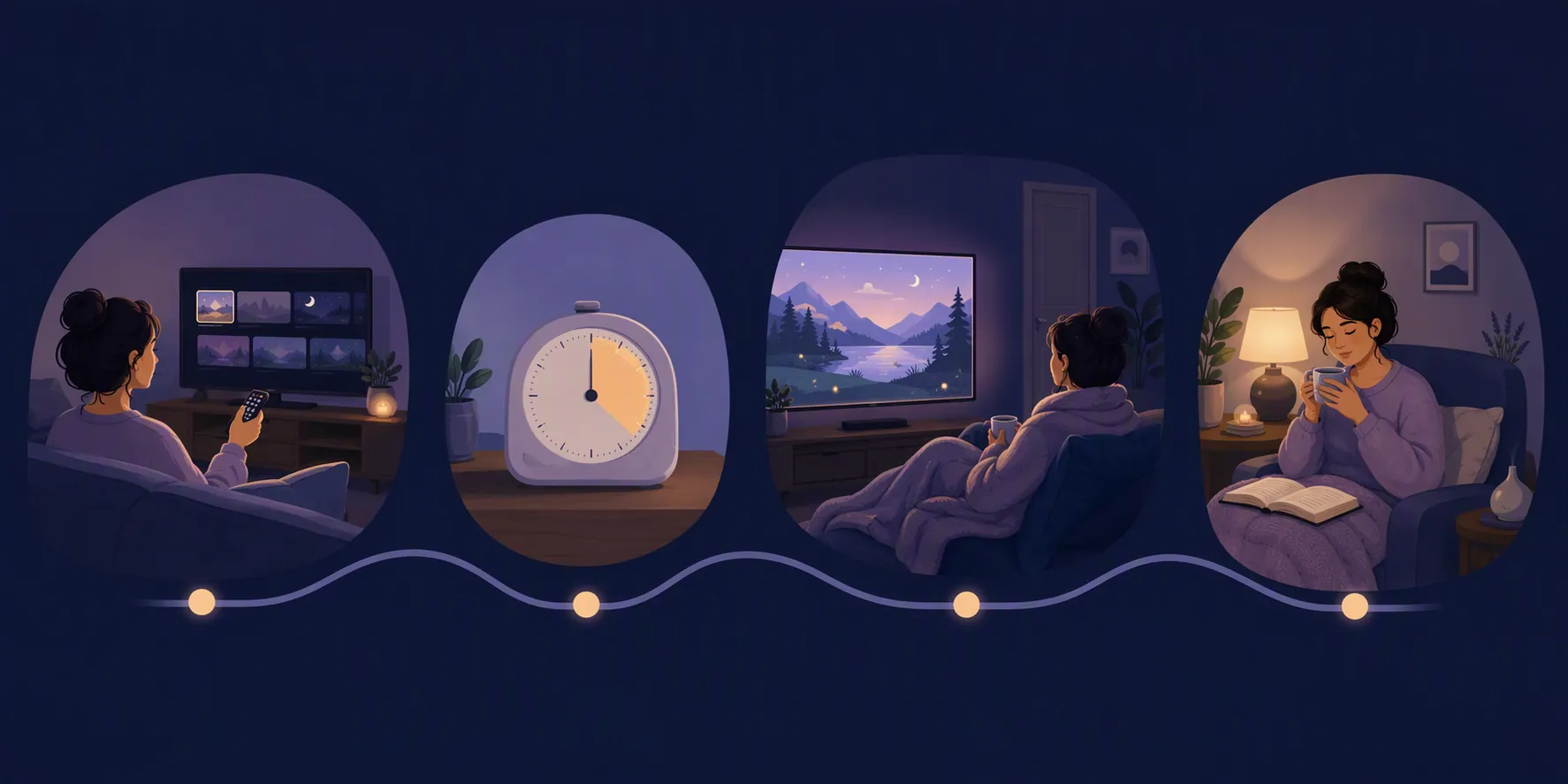 Four-step evening wind-down sequence with episode choice, timer, dimmed couch viewing, and a final non-screen landing step