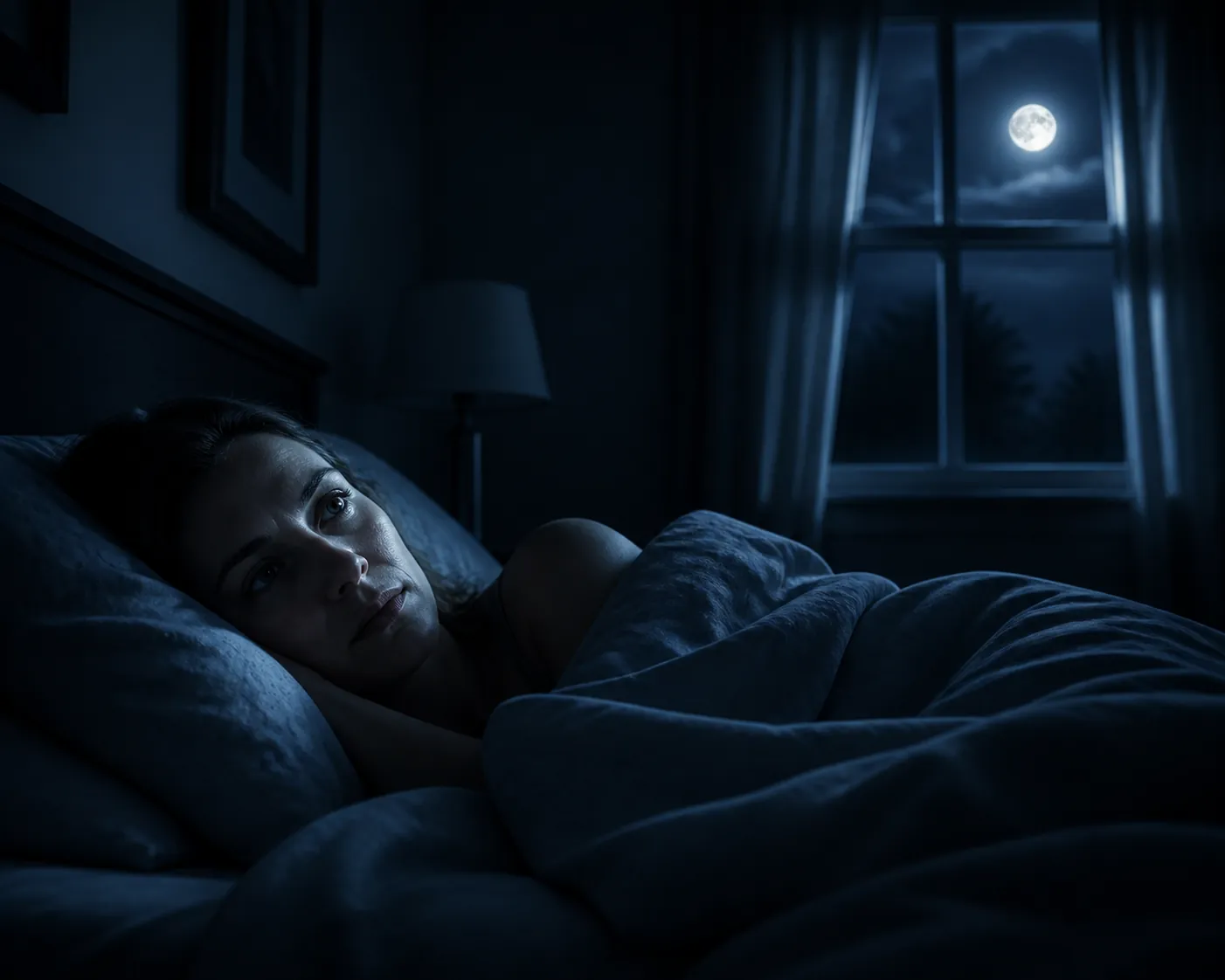 A dim bedroom at night with moonlight falling across a person lying awake under covers
