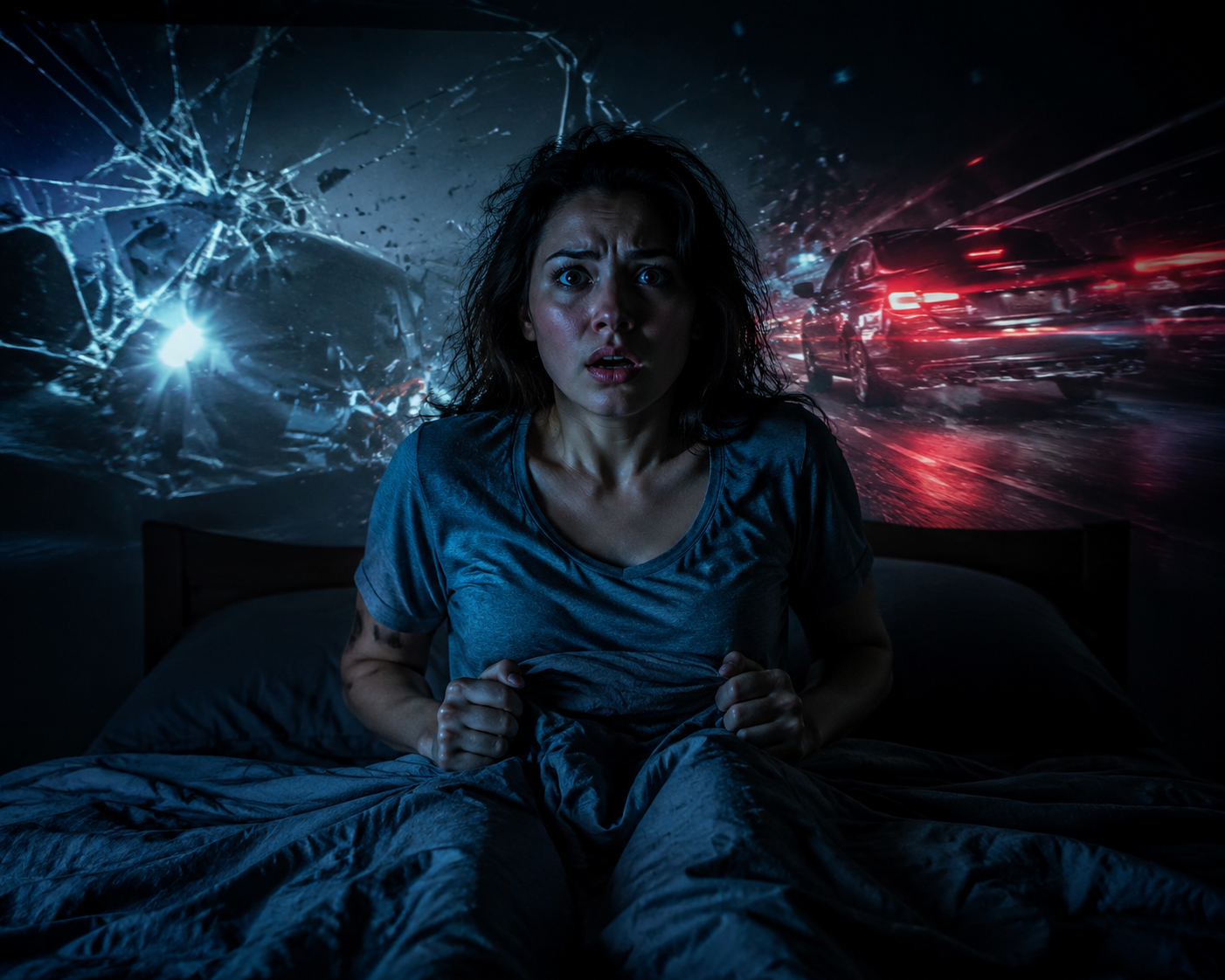 Person jolted awake in bed with car crash imagery, headlights, brake lights, and shattered windshield elements behind them