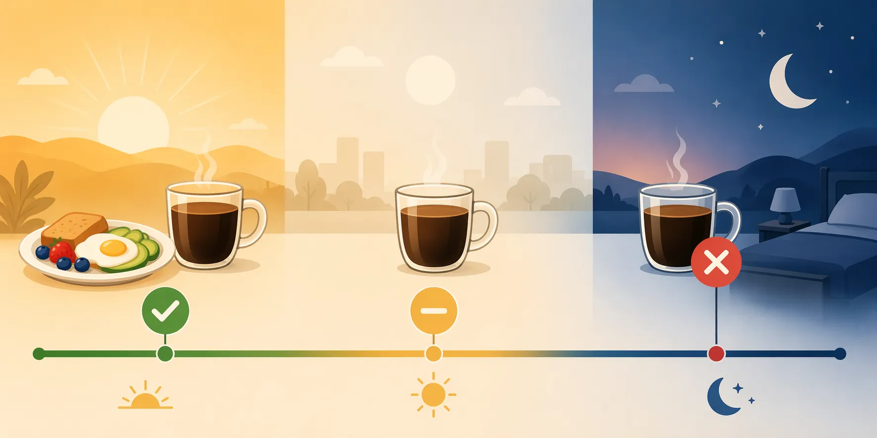 Daily timeline showing coffee with food in the morning, neutral midday timing, and an evening sleep caution zone