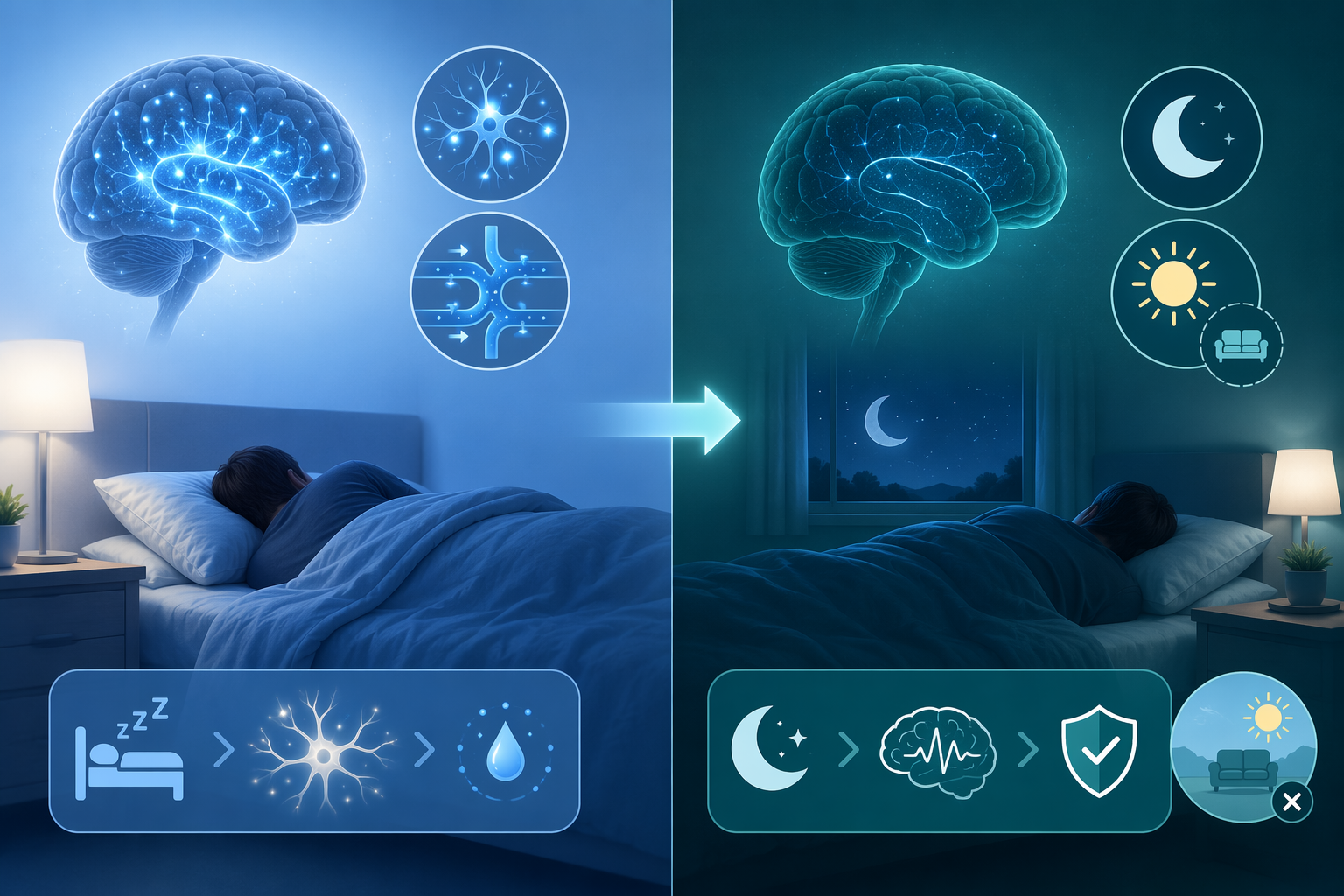 Editorial illustration of a two-phase concussion recovery timeline with acute sleep and later sleep consolidation
