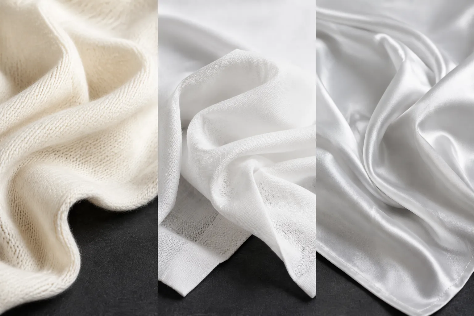 Merino wool, cotton, and polyester fabric textures arranged side by side