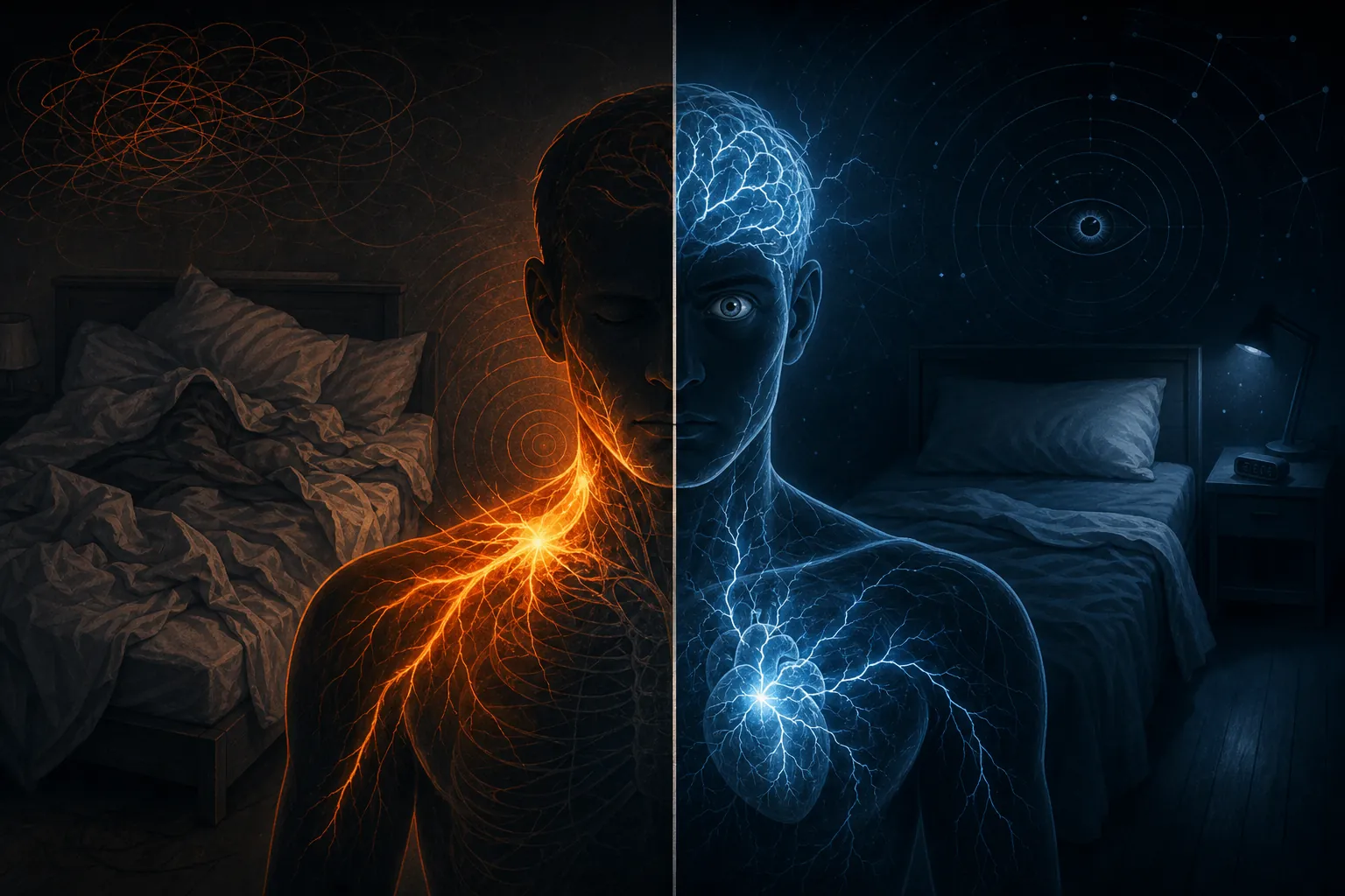 Split illustration of physical pain signals and nervous system hypervigilance disrupting sleep after an accident