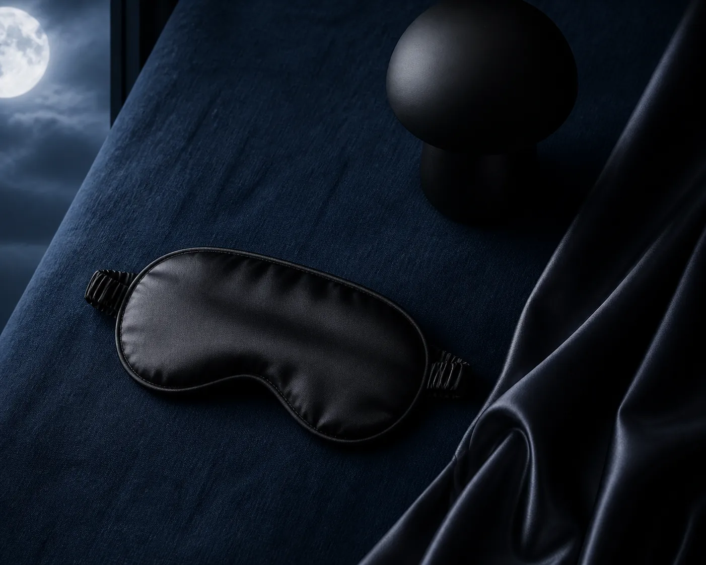 Black silk sleep mask, blackout curtain fabric, and dim bedside lighting on dark blue linen