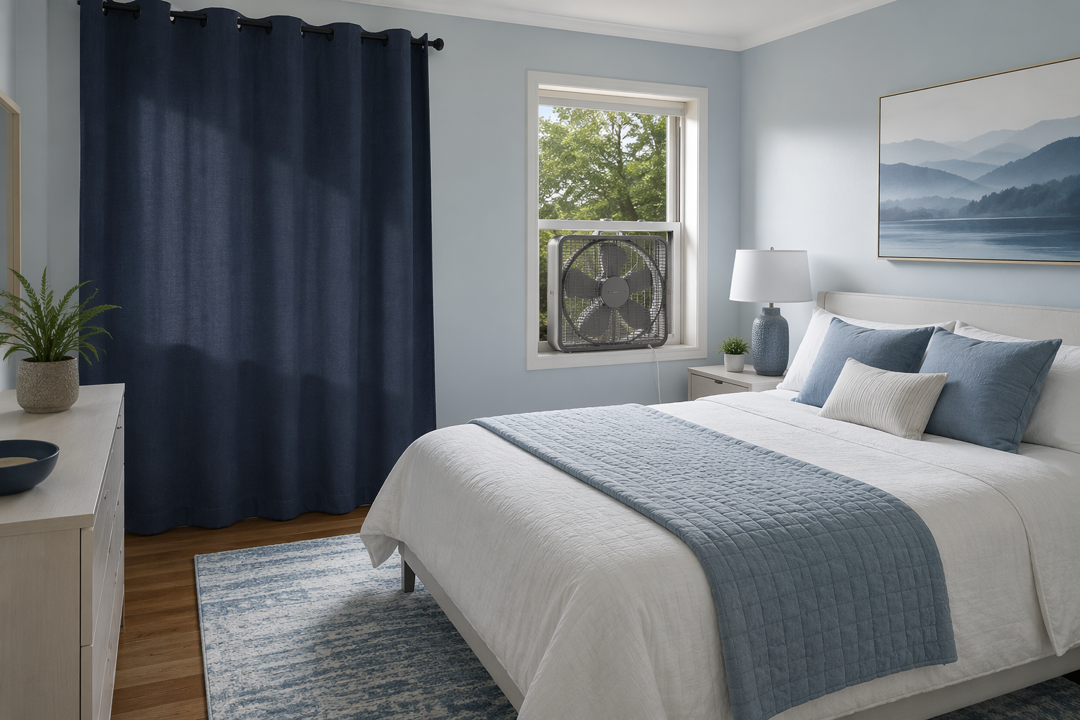 Bedroom with blackout curtains and a box fan positioned in an open window for exhaust ventilation