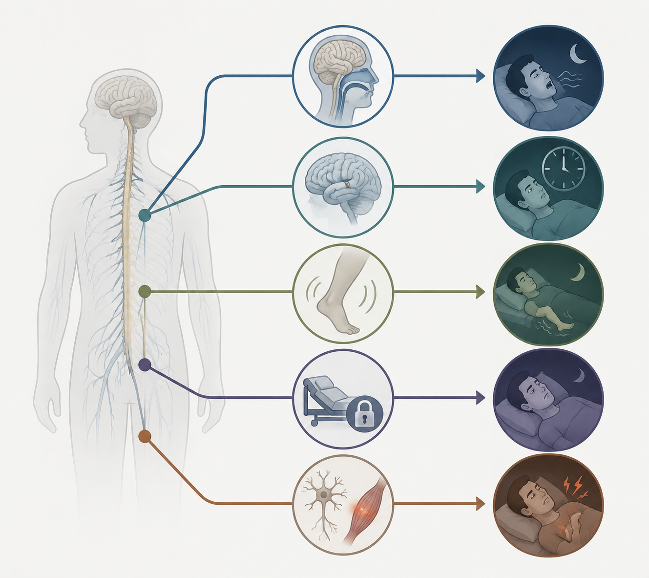 Diagram showing five pathways of SCI-related sleep disruption radiating from a human silhouette