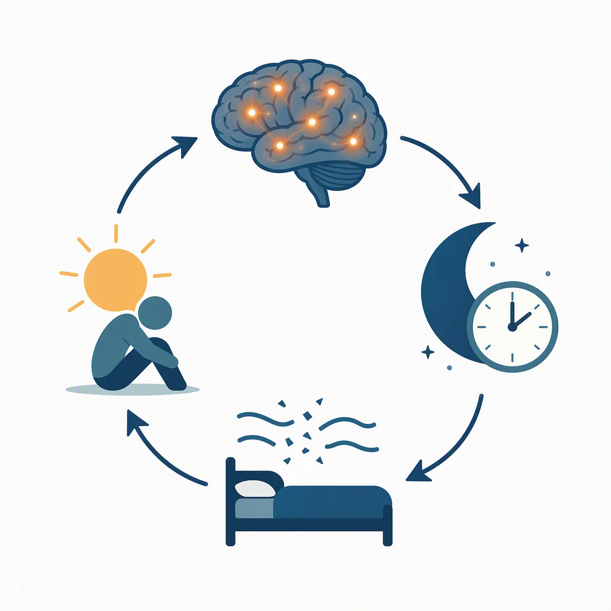 Circular diagram of neuroinflammation, disrupted sleep, fragmented rest, and daytime exhaustion