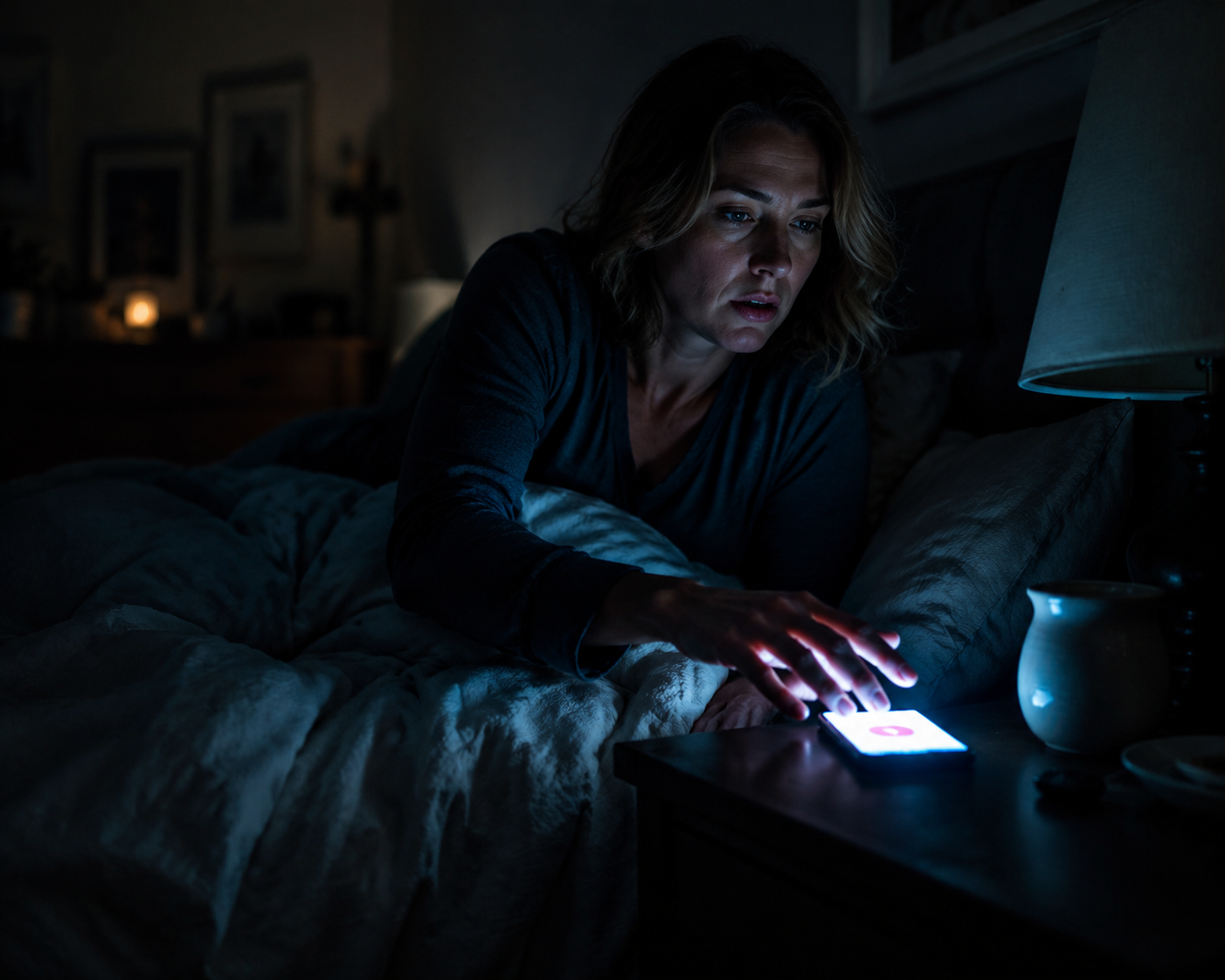 A dim bedroom at night with a glowing phone emergency alert as a person sits up tensely in bed