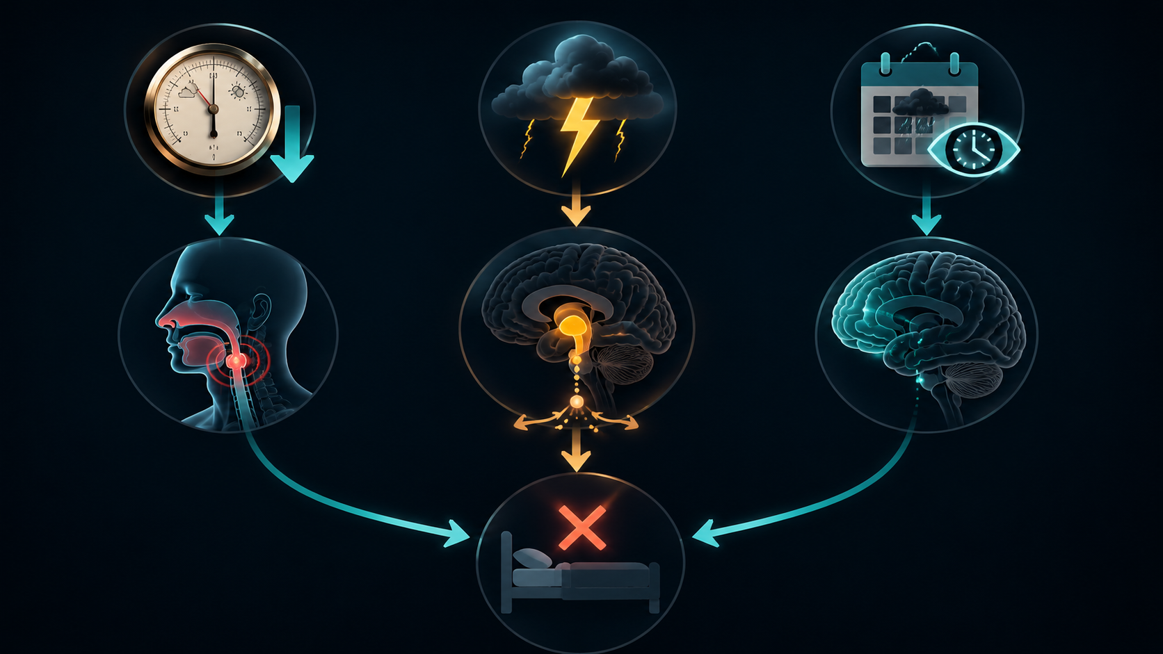 A diagram showing pressure drop, thunder, and vigilance converging on disrupted sleep.