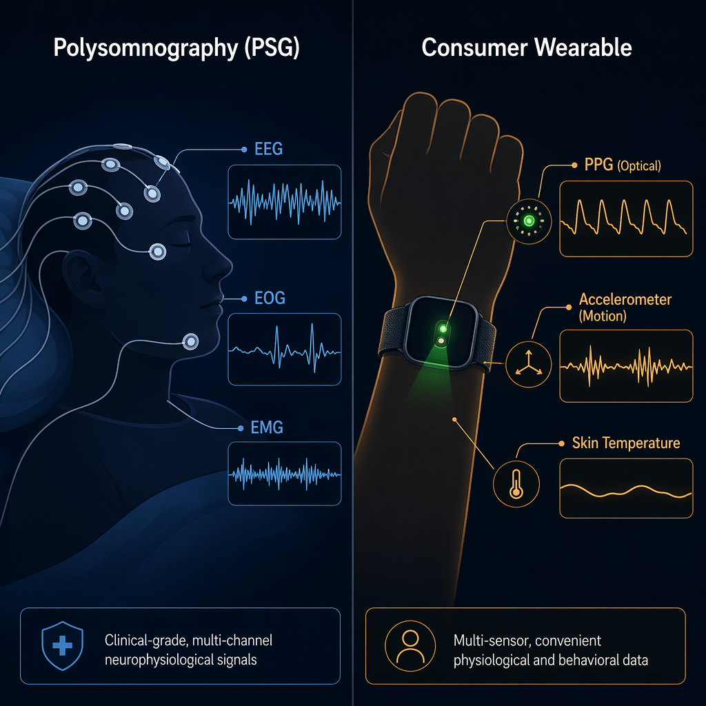 PSG measurement of brain, eye, and muscle signals compared with wearable measurement of heart rate, movement, and temperature