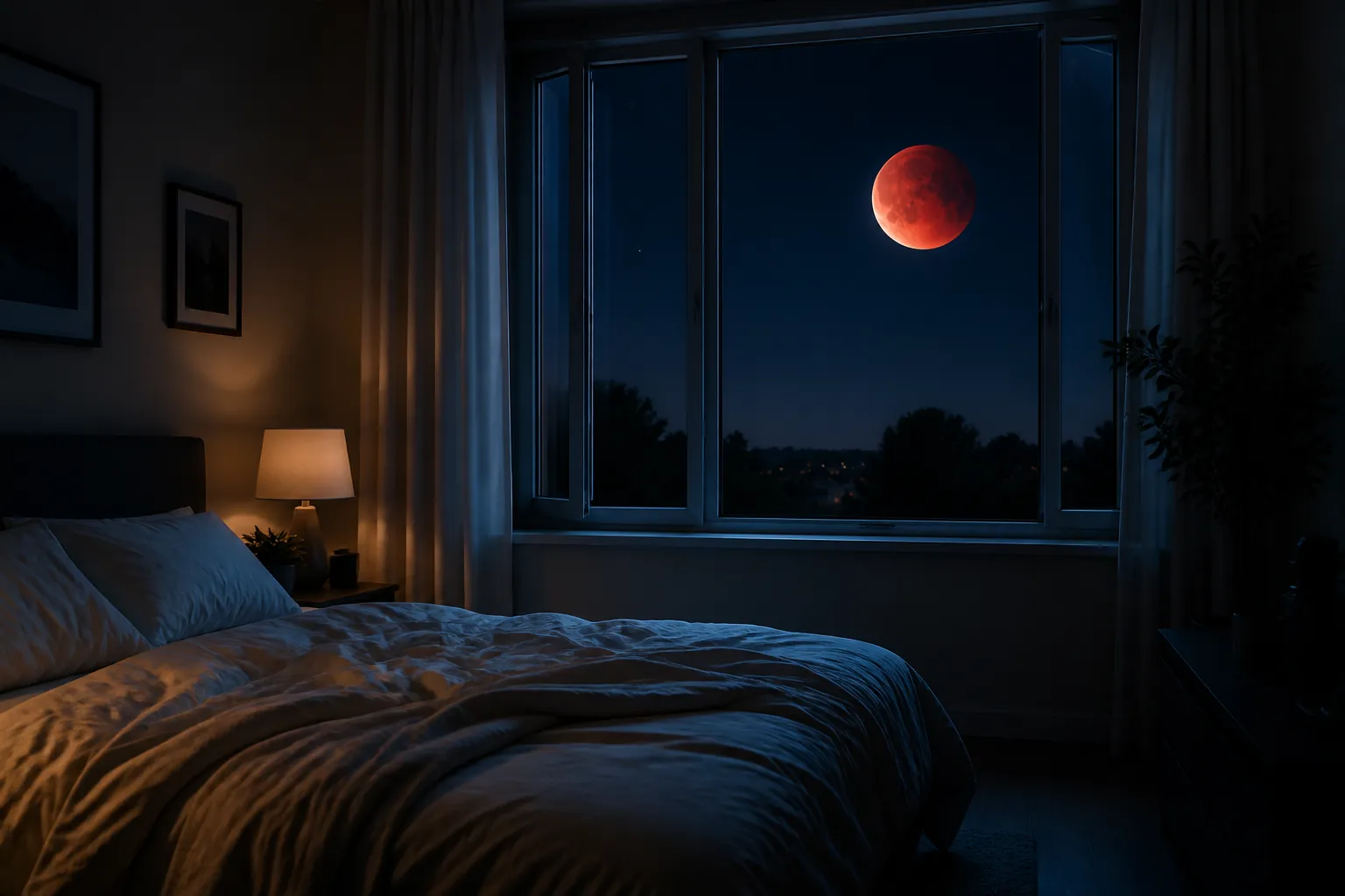 Dim bedroom with moonlight and a red blood moon outside the window
