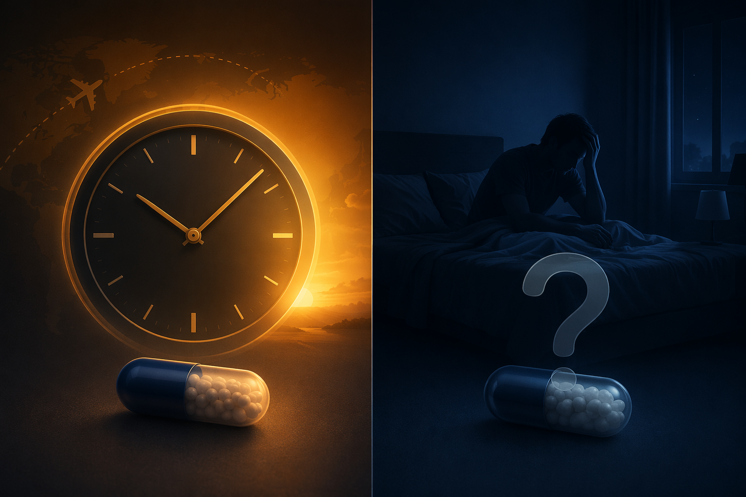 Split illustration contrasting melatonin for circadian rhythm timing with melatonin for chronic insomnia