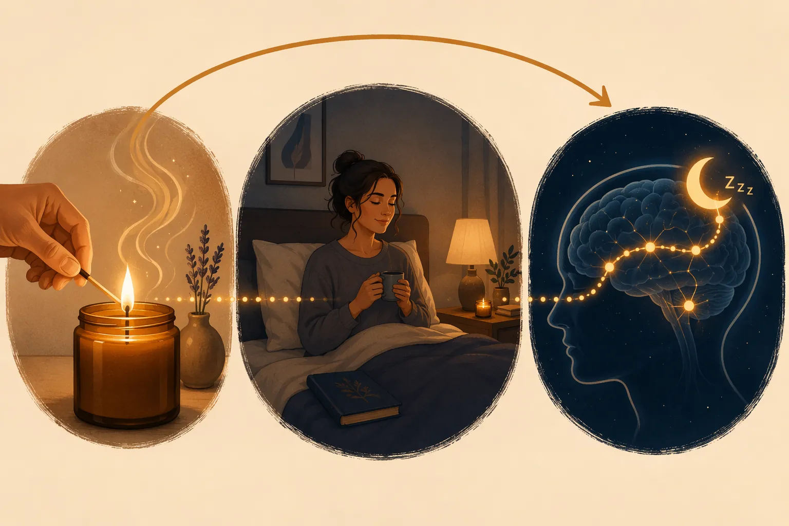 Illustration of a candle becoming associated with a bedtime ritual and sleep cue