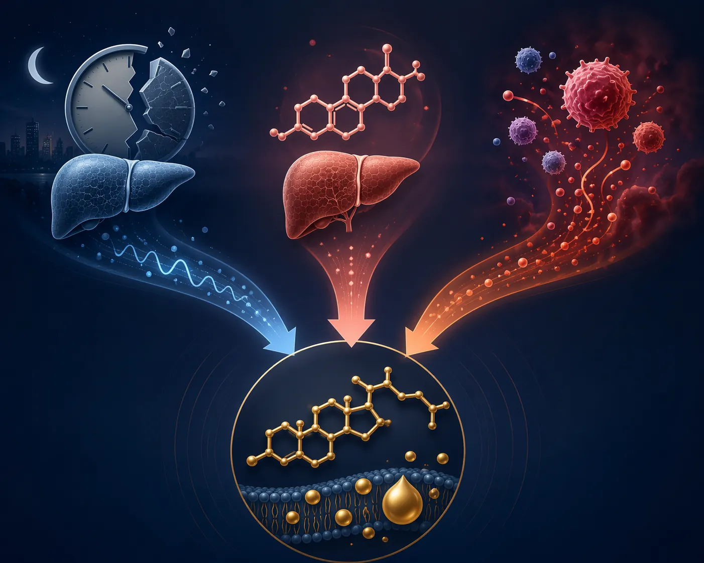 Three pathways of circadian disruption, estrogen withdrawal, and inflammation converging on cholesterol metabolism