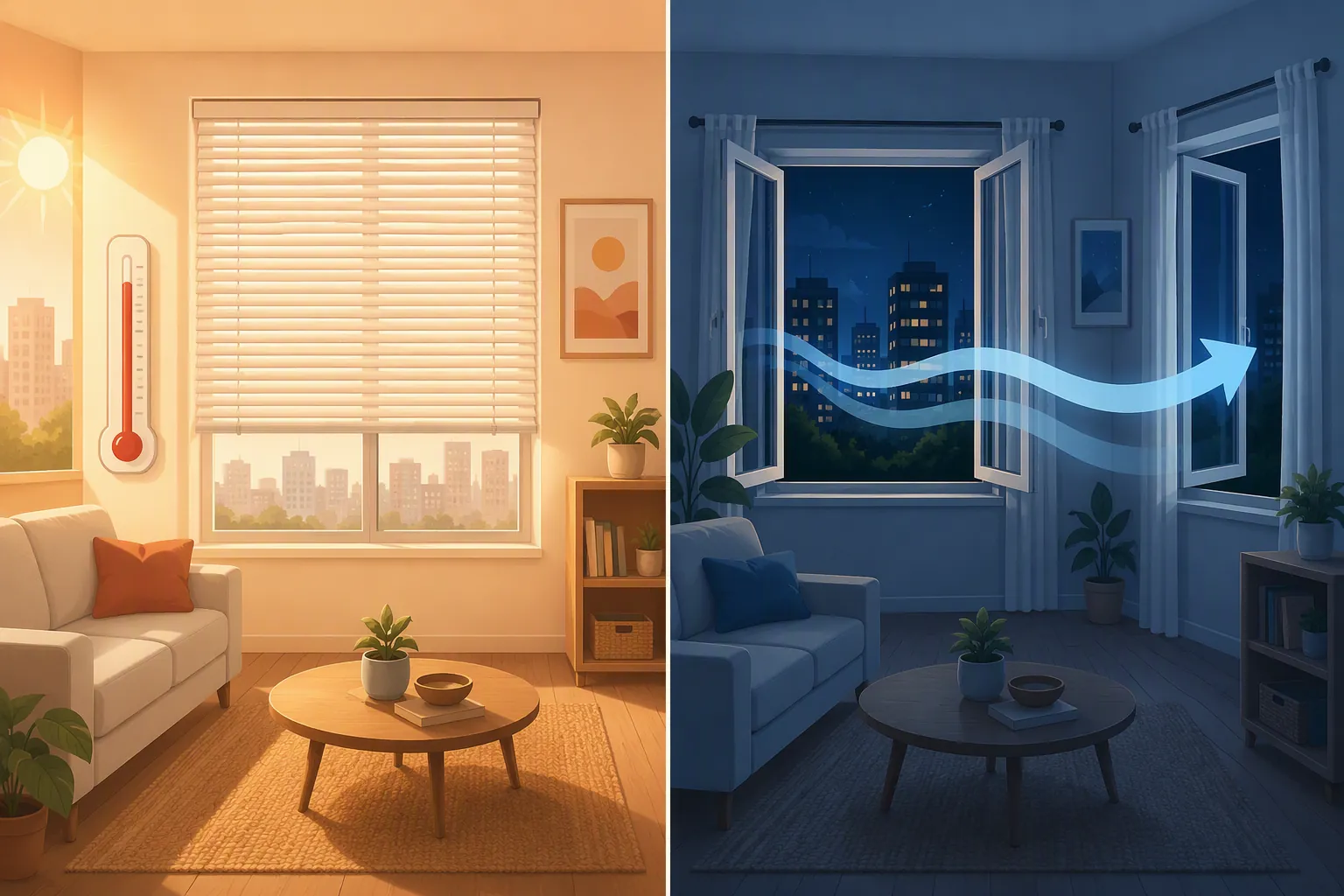Split illustration of daytime closed blinds and evening open windows for Denver heatwave cooling