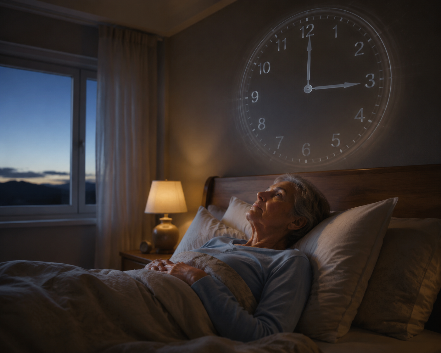 Older adult awake in a dim bedroom at 3 a.m. with a shifted internal clock shown above the bed