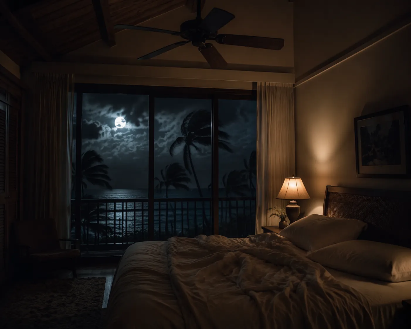 Dimly lit Hawaiian bedroom at night with storm clouds and swaying palm trees outside