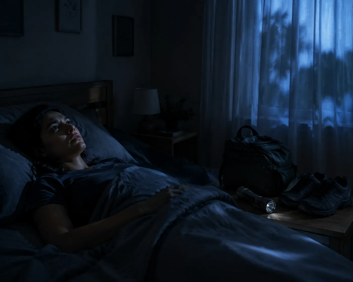 Person lying awake in bed at night with flashlight, shoes, and a small bag nearby