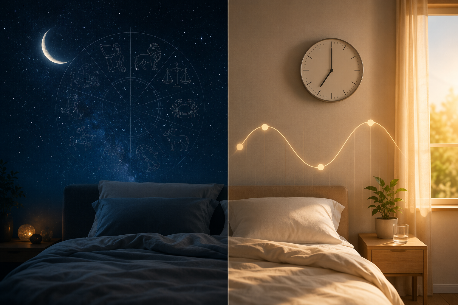 Split image contrasting astrology-based sleep advice with science-based circadian sleep personalization
