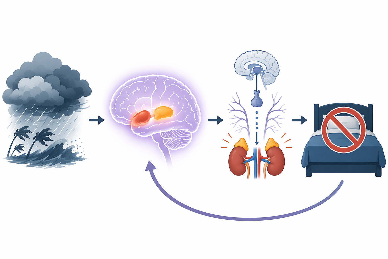 Diagram showing hurricane threat cues activating brain threat regions, stress systems, poor sleep, and a return loop from sleep loss back to threat reactivity