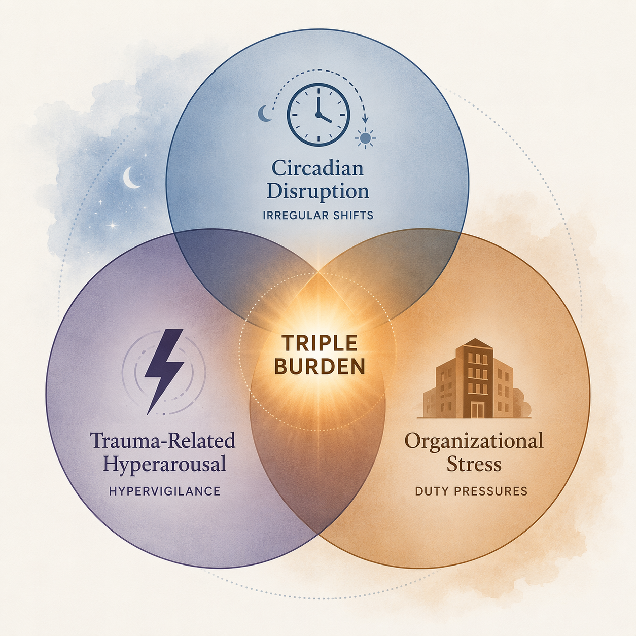 Diagram showing circadian disruption, trauma-related hyperarousal, and organizational stress overlapping into a triple burden zone