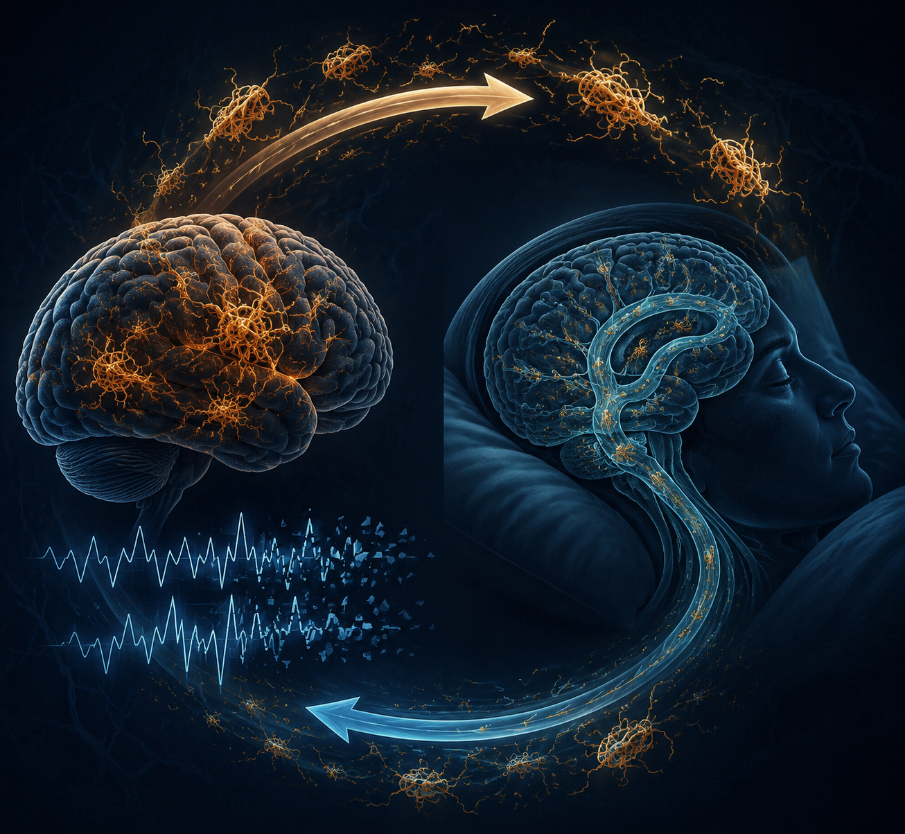 Circular visual showing tau aggregates disrupting slow-wave sleep and disrupted sleep reducing glymphatic clearance