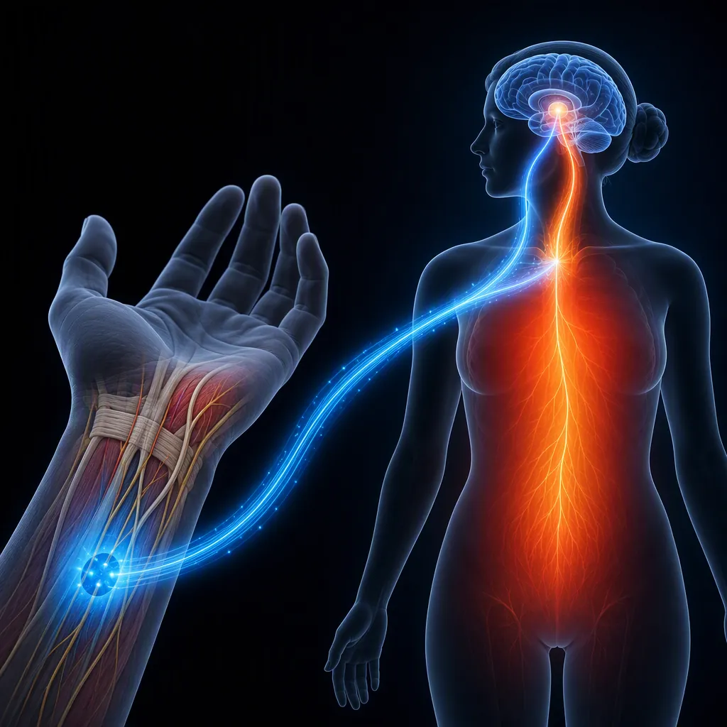 Medical illustration of TRPM8 wrist cooling signals interrupting a hot flash cascade