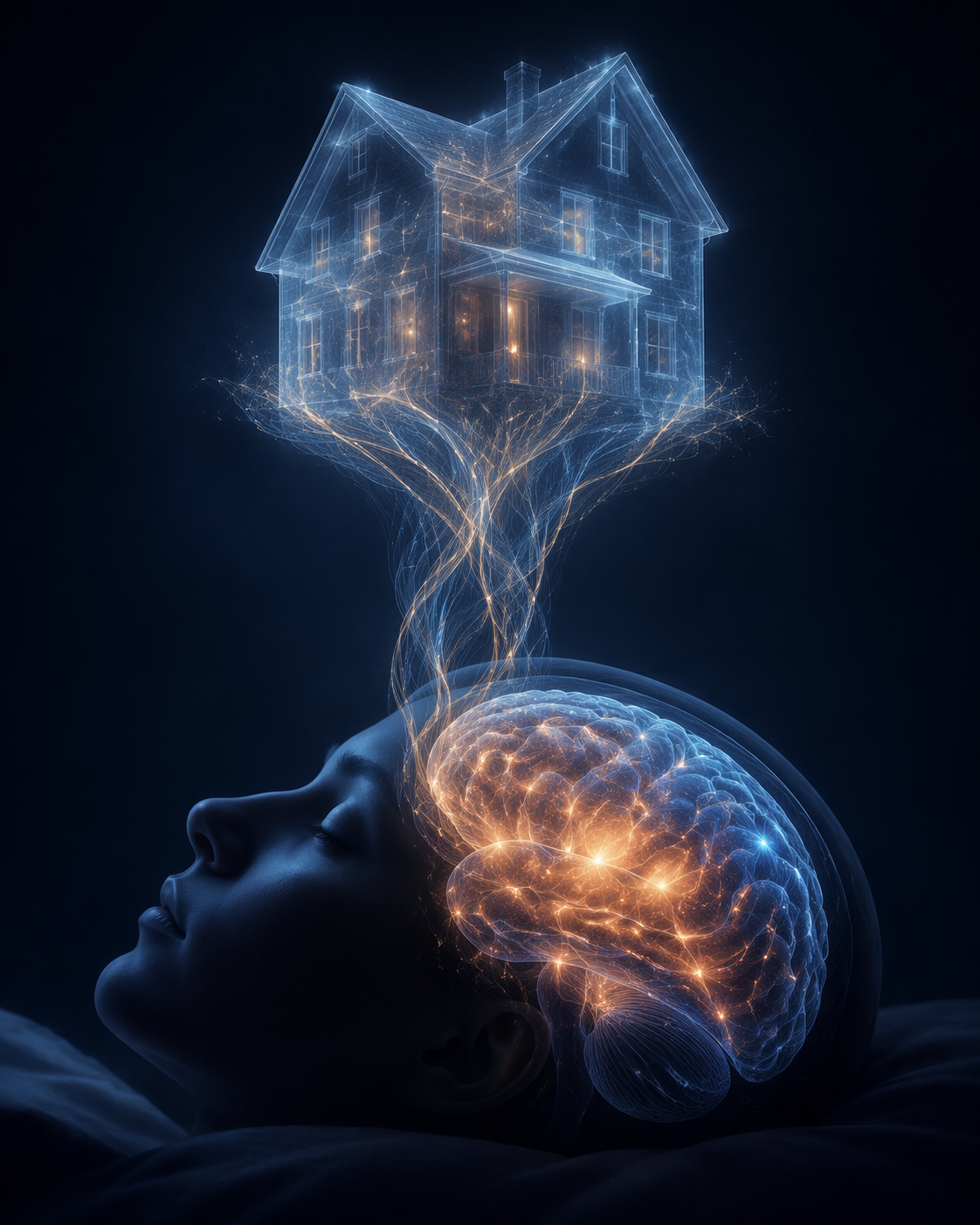 Sleeping head silhouette with neural activity forming the outline of a house