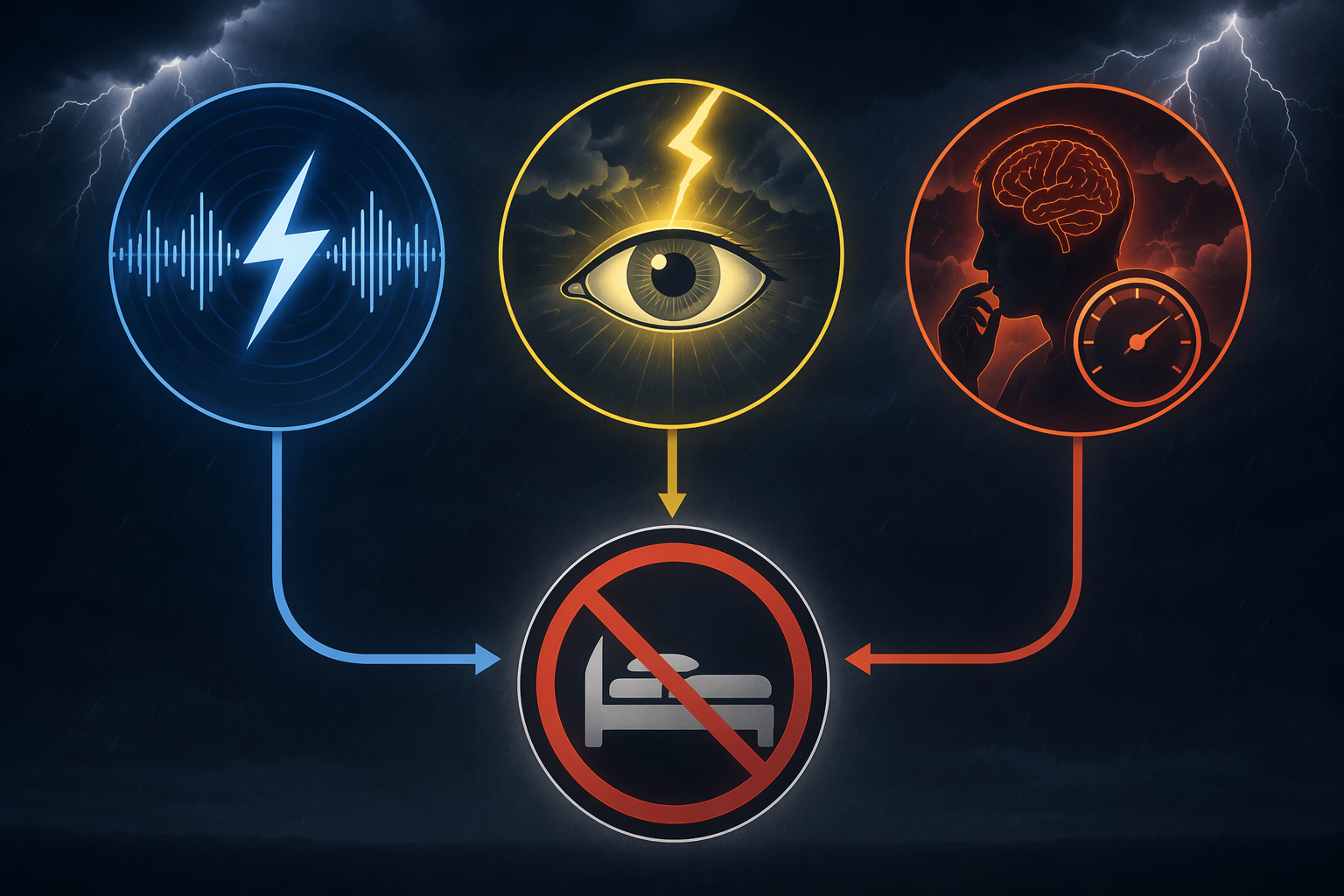Infographic showing sound, light, and anxiety pathways disrupting sleep during a thunderstorm