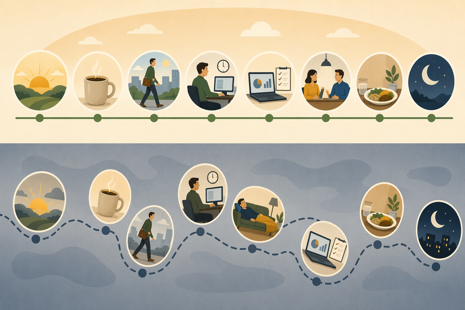 Timeline illustration comparing a structured workday with a drifting retirement day and later wake times